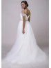 Off Shoulder Sweetheart Neck Beaded White Tulle Wedding Dress